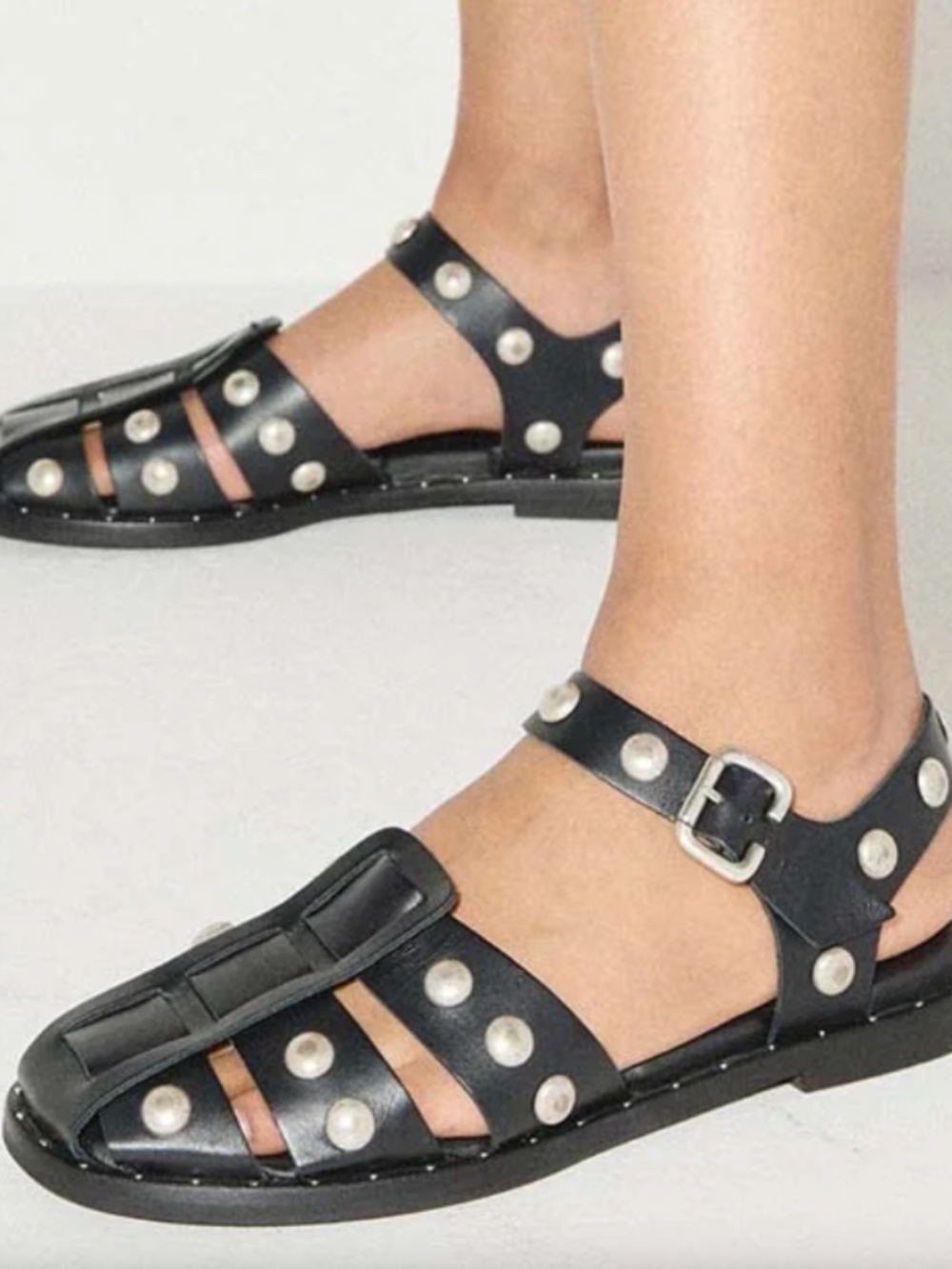 Freda Salvador - Sera Fisherman Sandal - Black Calf with Silver Studs - Size 10
